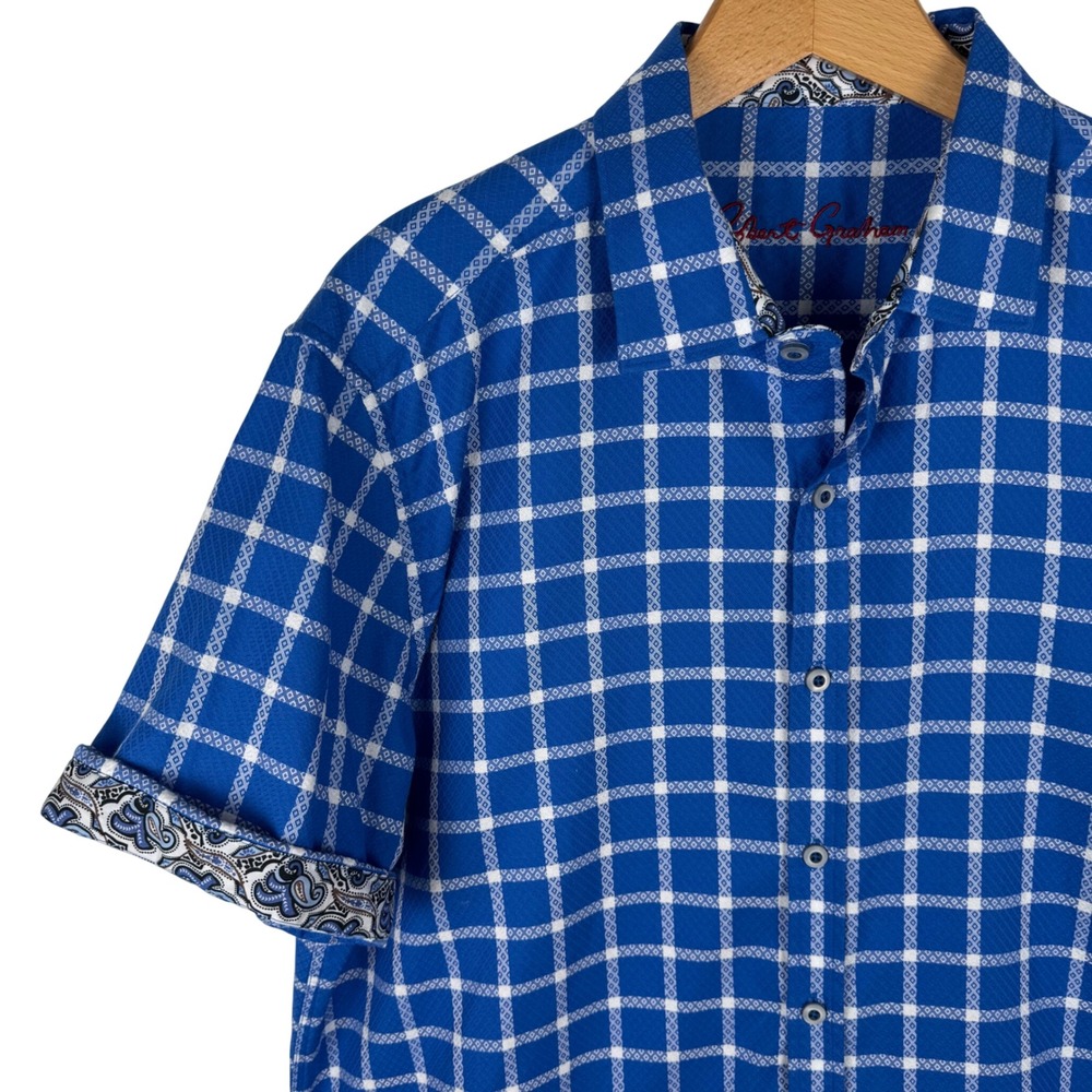 Robert Graham Check Pattern Short Sleeve Shirt Mens L Blue Flip Cuff Button Down